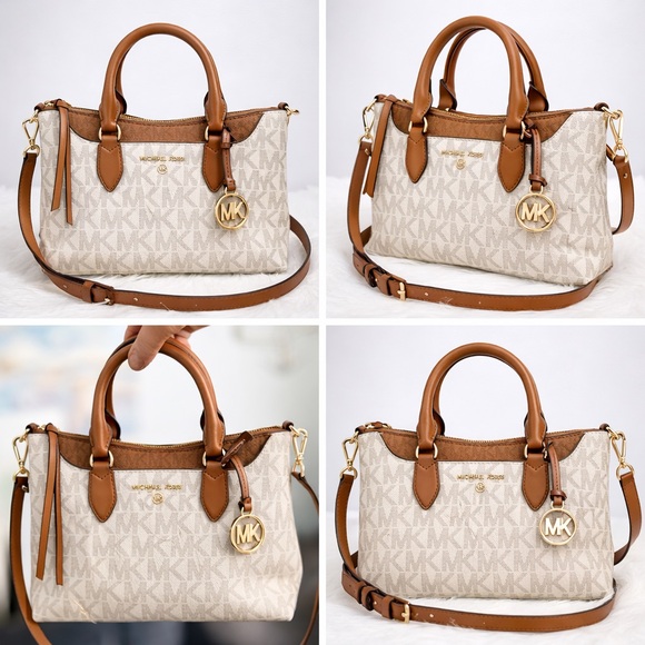 Michael Kors Handbags - Michael Kors Mini Satchel Crossbody Vanilla MK Signature Brown Leather